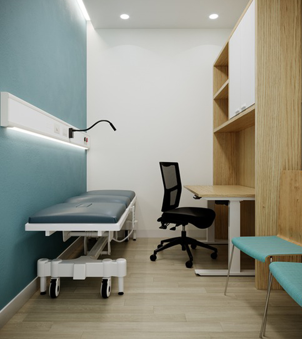 Medical table with wooden stepping stool in front